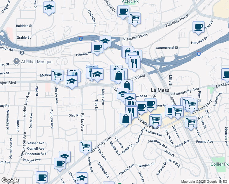 map of restaurants, bars, coffee shops, grocery stores, and more near 4880 Lee Avenue in La Mesa