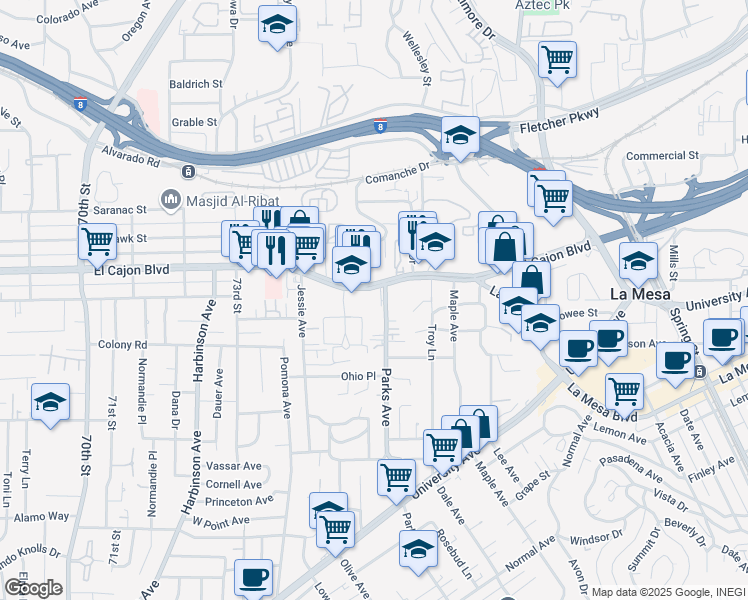 map of restaurants, bars, coffee shops, grocery stores, and more near 7589 El Cajon Boulevard in La Mesa
