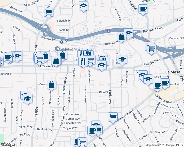 map of restaurants, bars, coffee shops, grocery stores, and more near 4841 Jessie Avenue in La Mesa