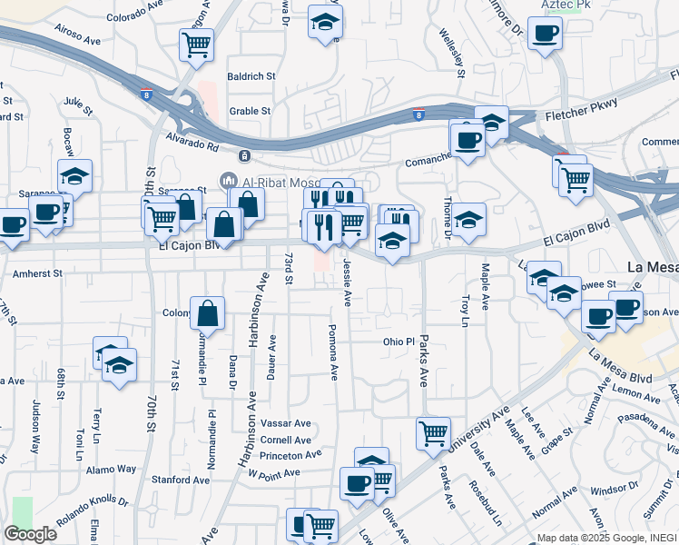 map of restaurants, bars, coffee shops, grocery stores, and more near 4841 Jessie Avenue in La Mesa