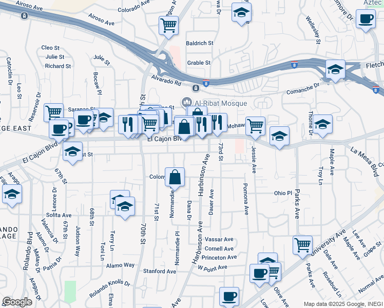 map of restaurants, bars, coffee shops, grocery stores, and more near 7151 Amherst Street in La Mesa