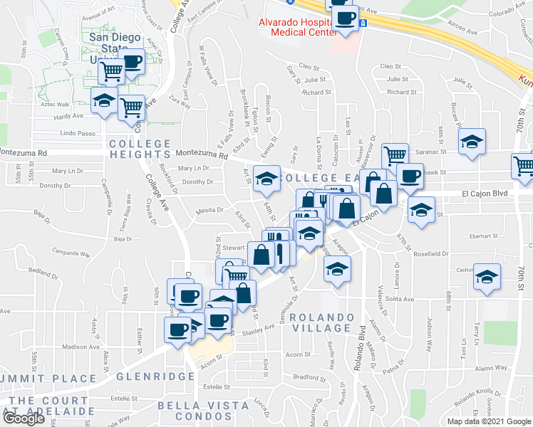 map of restaurants, bars, coffee shops, grocery stores, and more near 500 64th Street in San Diego