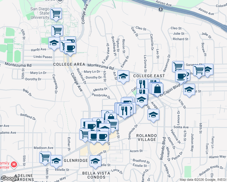 map of restaurants, bars, coffee shops, grocery stores, and more near 4944 Art Street in San Diego