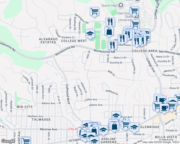 map of restaurants, bars, coffee shops, grocery stores, and more near 5407 Baja Drive in San Diego