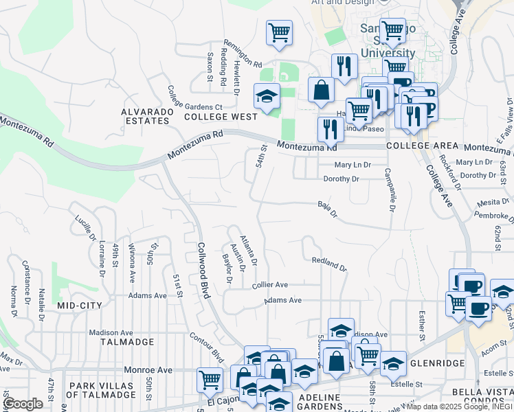 map of restaurants, bars, coffee shops, grocery stores, and more near in San Diego