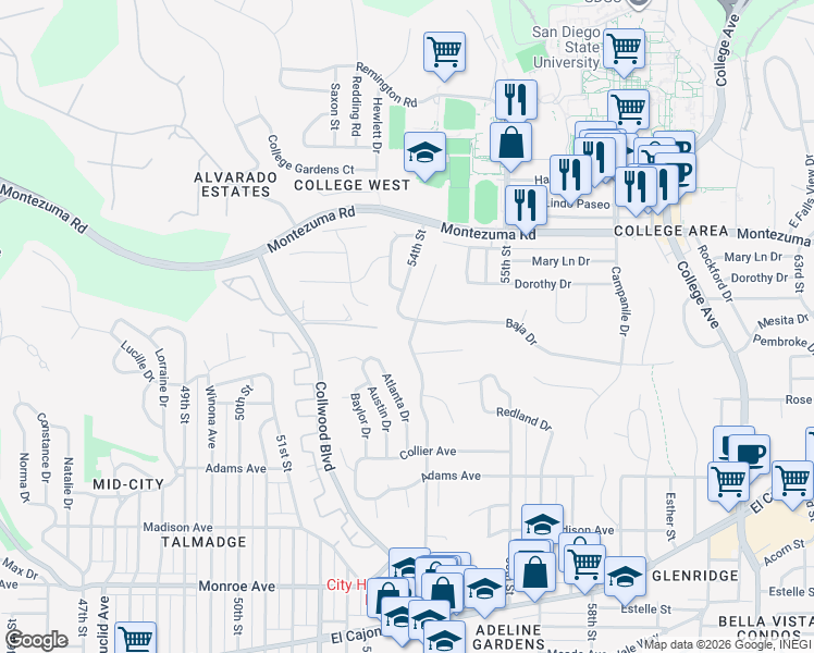 map of restaurants, bars, coffee shops, grocery stores, and more near in San Diego