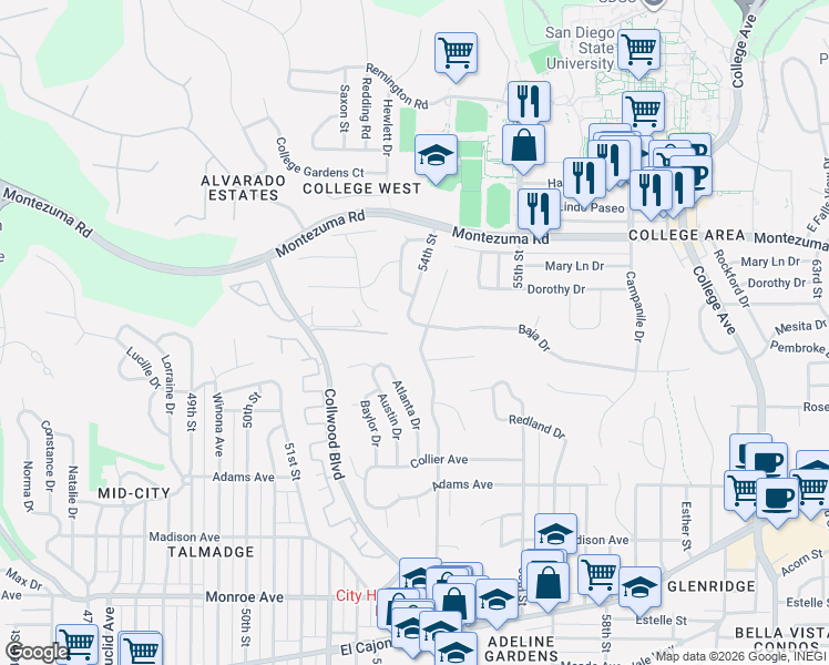 map of restaurants, bars, coffee shops, grocery stores, and more near 4950 54th Street in San Diego