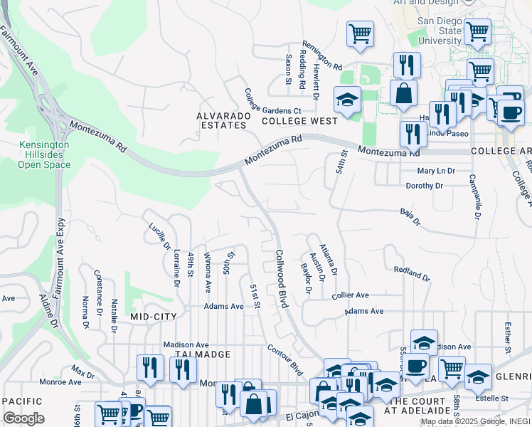 map of restaurants, bars, coffee shops, grocery stores, and more near 4891 Collwood Boulevard in San Diego