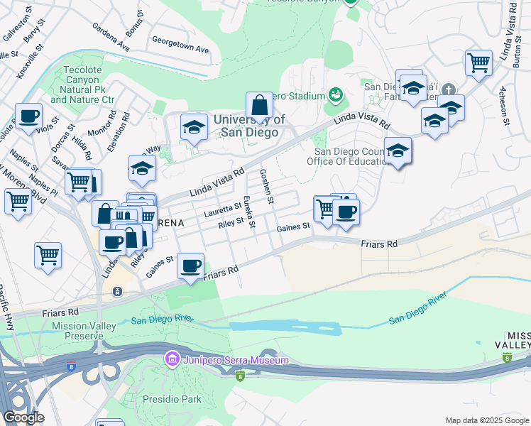 map of restaurants, bars, coffee shops, grocery stores, and more near 1145 Fresno Street in San Diego