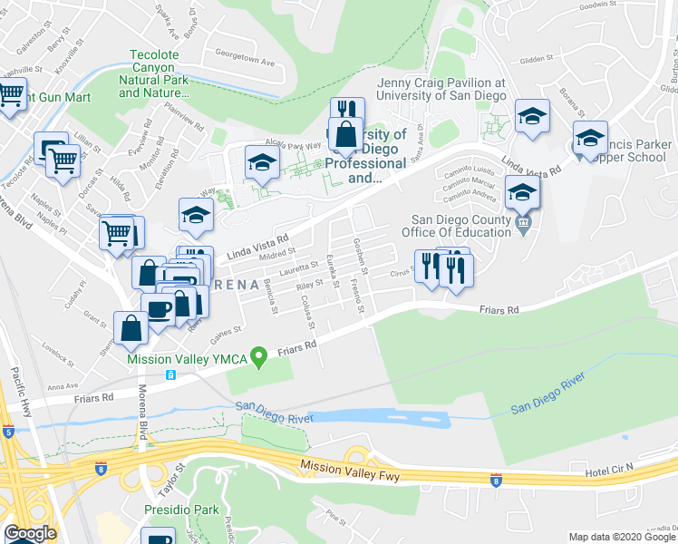 map of restaurants, bars, coffee shops, grocery stores, and more near 5772 Riley Street in San Diego