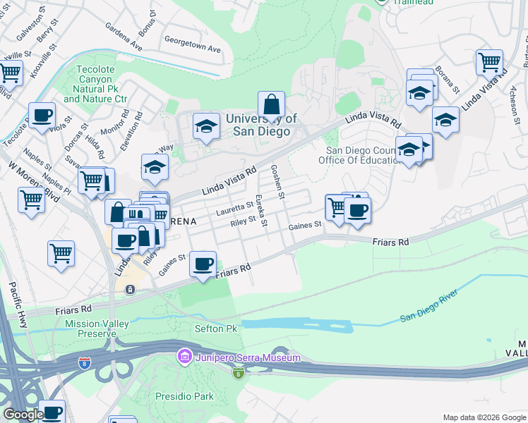 map of restaurants, bars, coffee shops, grocery stores, and more near 5772 Riley Street in San Diego