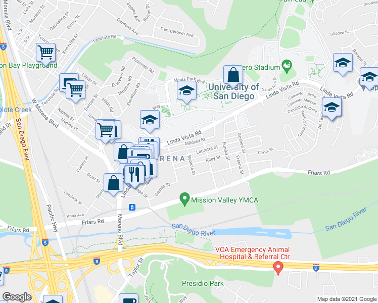 map of restaurants, bars, coffee shops, grocery stores, and more near 5604 Lauretta Street in San Diego