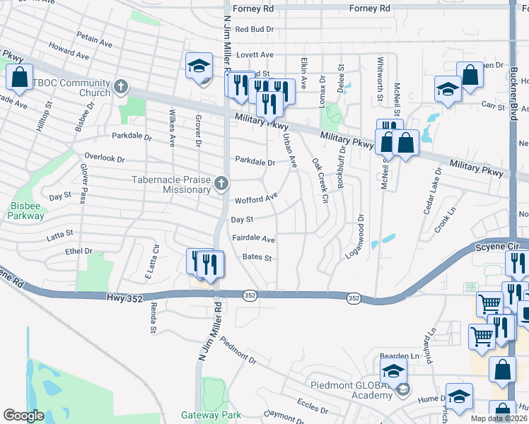 map of restaurants, bars, coffee shops, grocery stores, and more near 7059 Day Street in Dallas