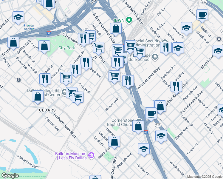 map of restaurants, bars, coffee shops, grocery stores, and more near 2515 South Harwood Street in Dallas