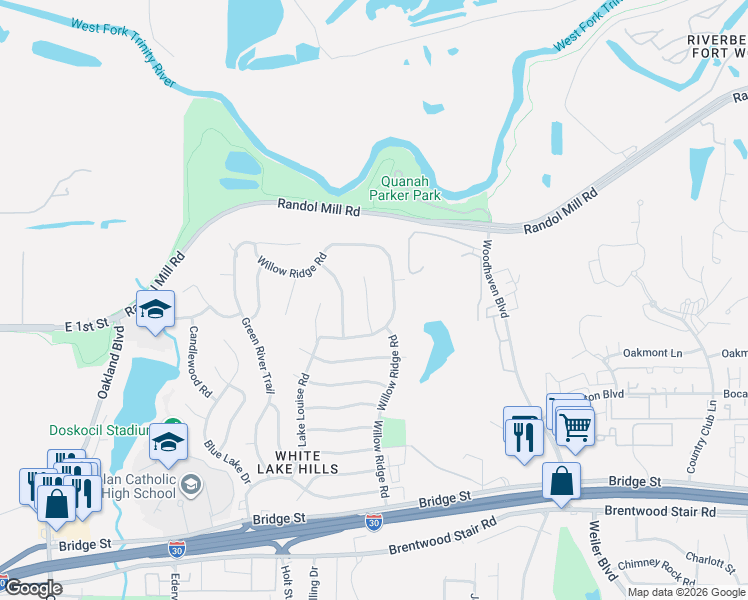 map of restaurants, bars, coffee shops, grocery stores, and more near 317 Cedar Creek Court in Fort Worth