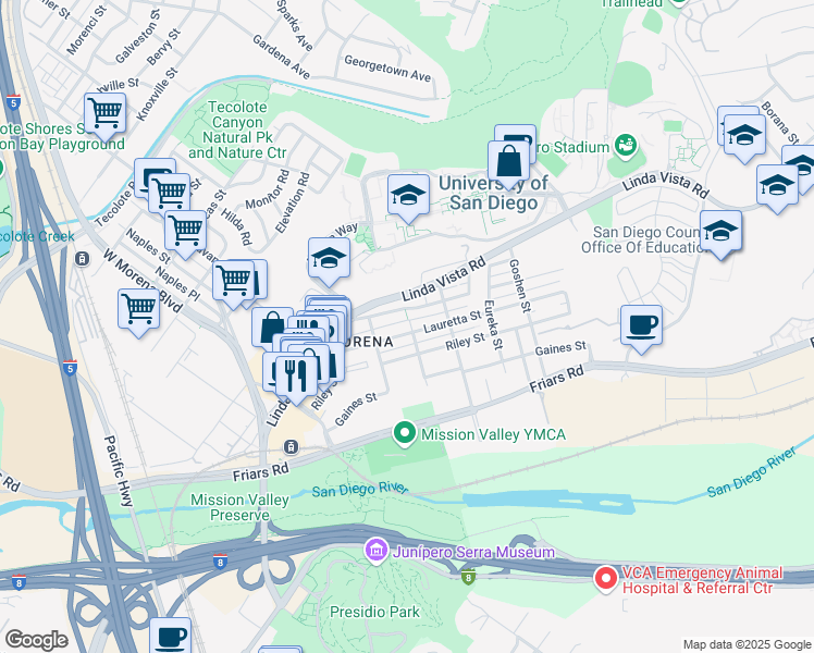 map of restaurants, bars, coffee shops, grocery stores, and more near 1266 Benicia Street in San Diego