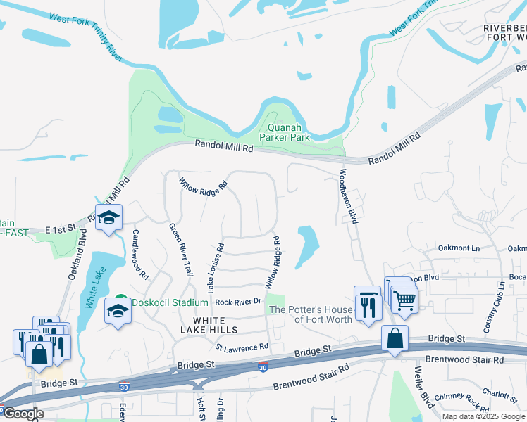 map of restaurants, bars, coffee shops, grocery stores, and more near 317 Cedar Creek Court in Fort Worth