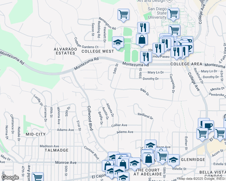 map of restaurants, bars, coffee shops, grocery stores, and more near 5407 Baja Drive in San Diego