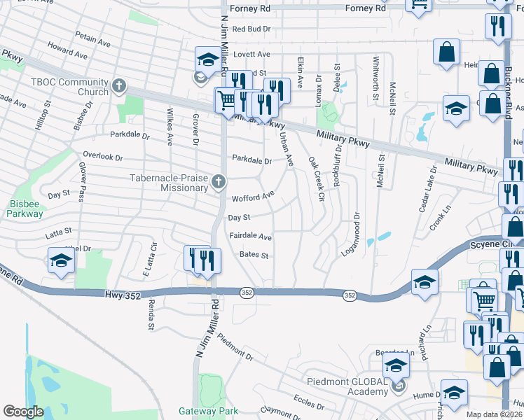 map of restaurants, bars, coffee shops, grocery stores, and more near 7059 Day Street in Dallas