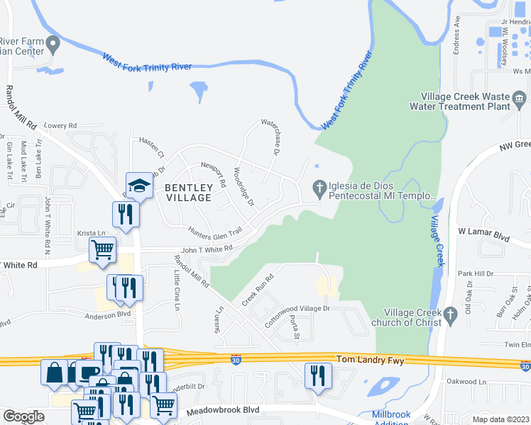 map of restaurants, bars, coffee shops, grocery stores, and more near 8912 Hunters Glen Trail in Fort Worth