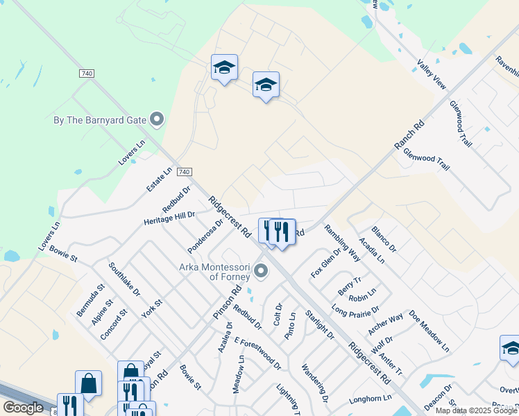map of restaurants, bars, coffee shops, grocery stores, and more near 118 Independence Tr in Forney