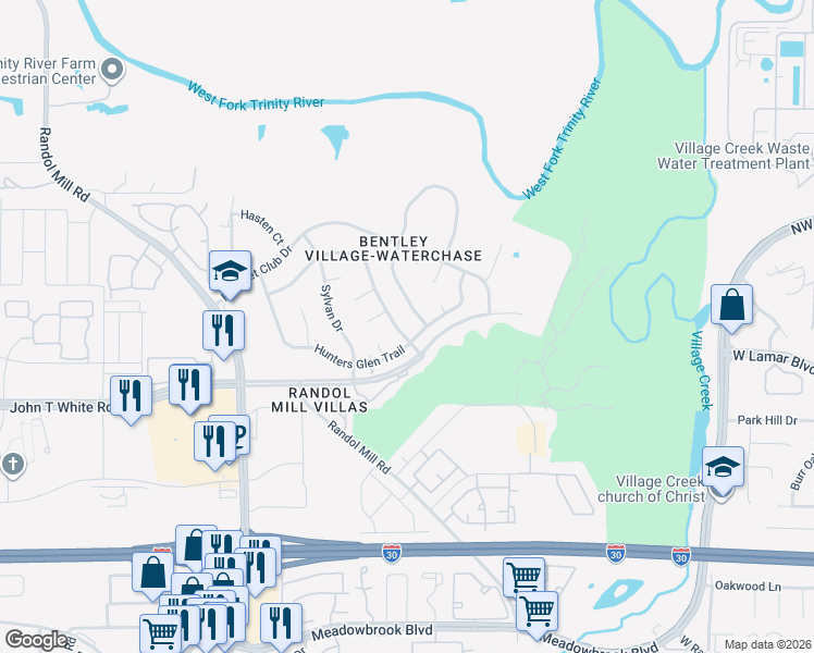 map of restaurants, bars, coffee shops, grocery stores, and more near 849 Newport Road in Fort Worth