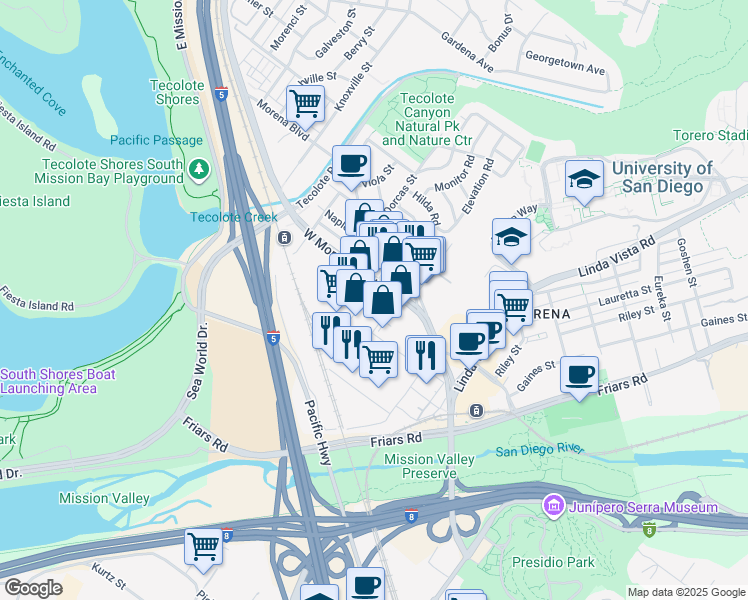map of restaurants, bars, coffee shops, grocery stores, and more near 1098-1022 Cudahy Place in San Diego