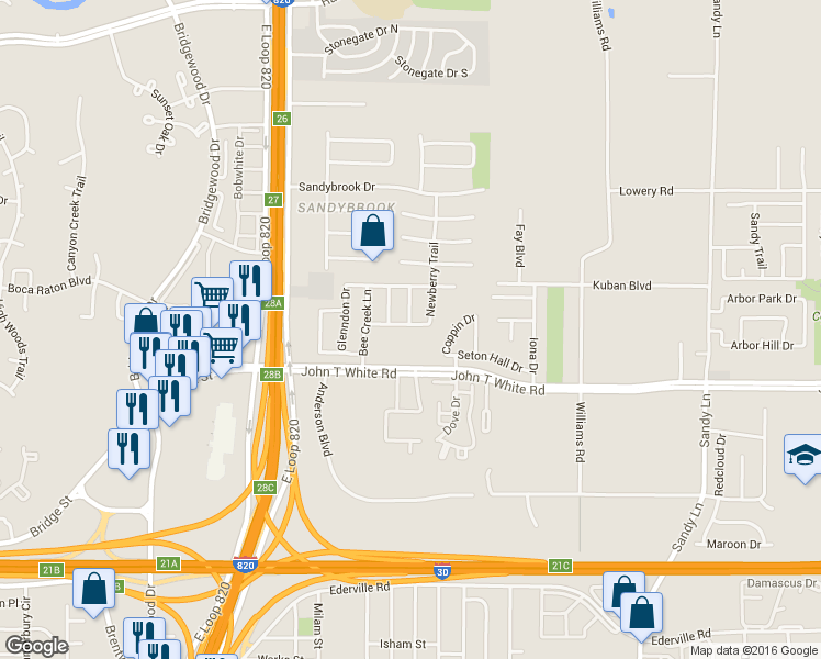 map of restaurants, bars, coffee shops, grocery stores, and more near 917 Newberry Trail in Fort Worth