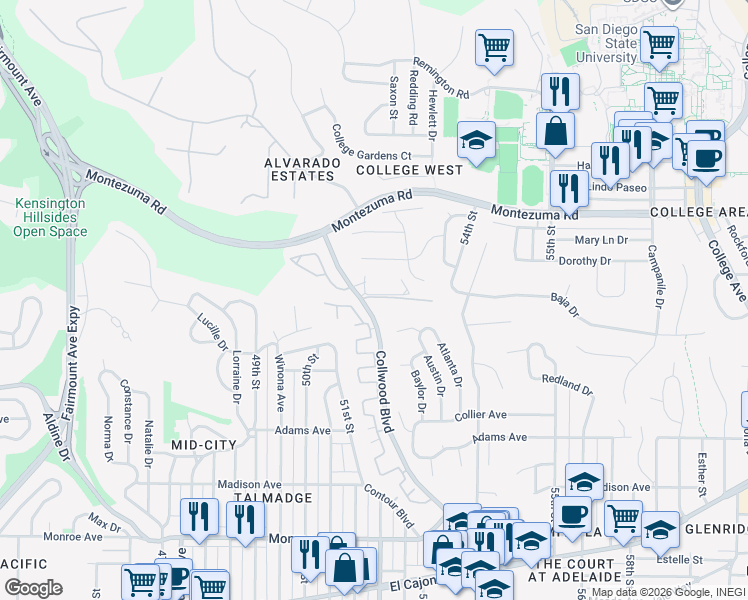 map of restaurants, bars, coffee shops, grocery stores, and more near 4891 Collwood Boulevard in San Diego