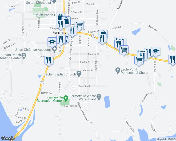map of restaurants, bars, coffee shops, grocery stores, and more near Cedar St in Farmerville