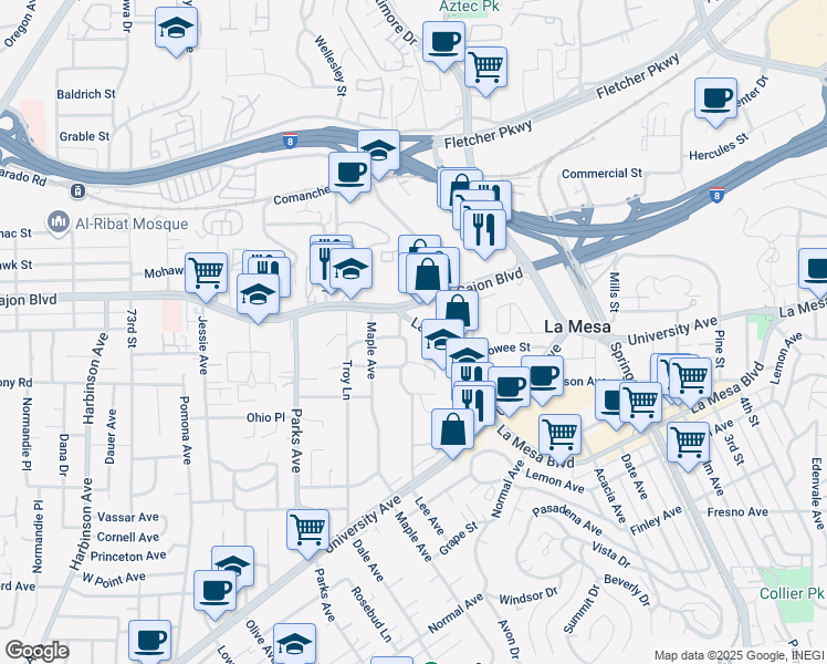 map of restaurants, bars, coffee shops, grocery stores, and more near 4880 Lee Avenue in La Mesa