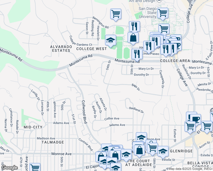 map of restaurants, bars, coffee shops, grocery stores, and more near 5407 Baja Drive in San Diego