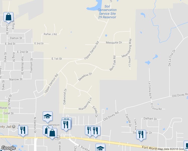 map of restaurants, bars, coffee shops, grocery stores, and more near 110 Meadow Drive in Weatherford