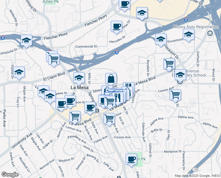 map of restaurants, bars, coffee shops, grocery stores, and more near 8319 University Avenue in La Mesa