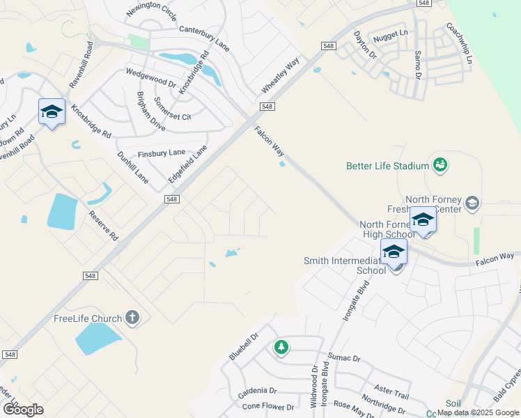 map of restaurants, bars, coffee shops, grocery stores, and more near North Mason Boulevard in Forney