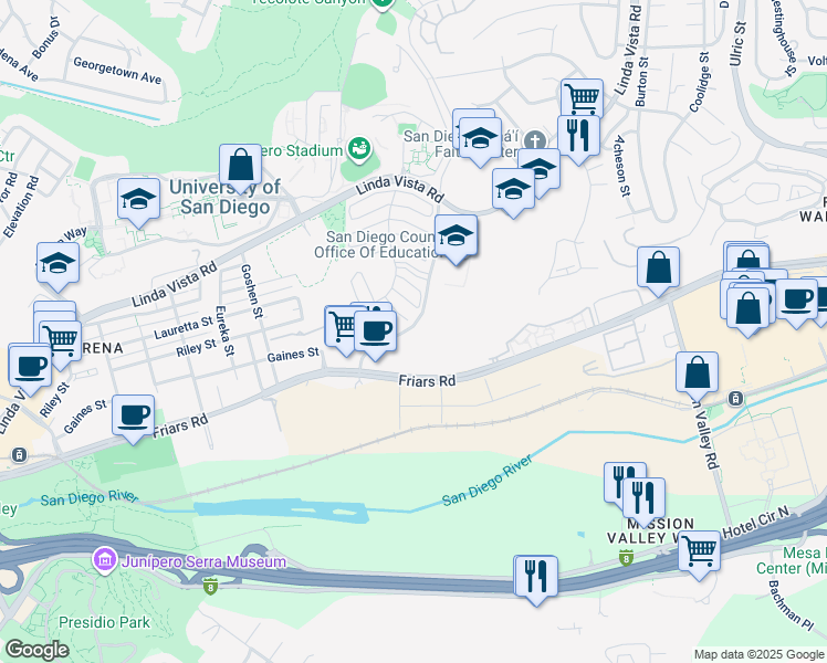 map of restaurants, bars, coffee shops, grocery stores, and more near 1109 Via Las Cumbres in San Diego