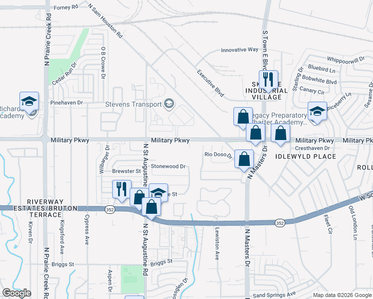 map of restaurants, bars, coffee shops, grocery stores, and more near 9850 Military Parkway in Dallas