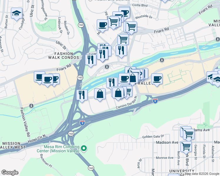 map of restaurants, bars, coffee shops, grocery stores, and more near 750 Camino De La Reina in San Diego