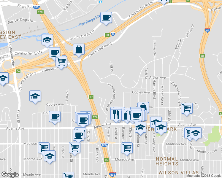 map of restaurants, bars, coffee shops, grocery stores, and more near 4912 West Mountain View Drive in San Diego
