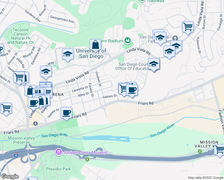 map of restaurants, bars, coffee shops, grocery stores, and more near 6038 Cirrus Street in San Diego