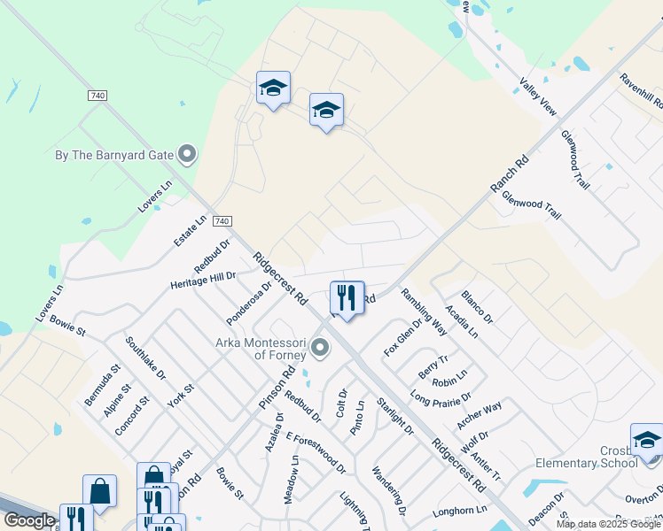 map of restaurants, bars, coffee shops, grocery stores, and more near 118 Independence Tr in Forney
