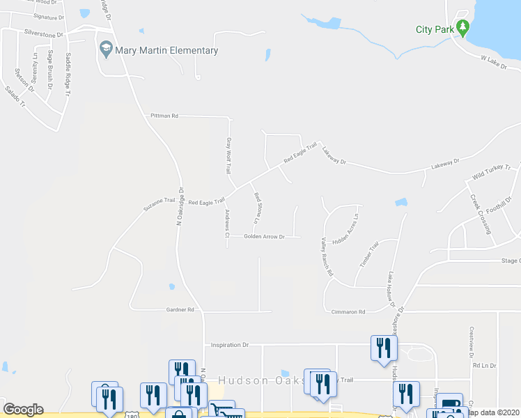 map of restaurants, bars, coffee shops, grocery stores, and more near Red Stone Lane in Hudson Oaks