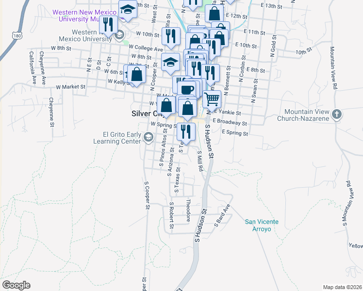 map of restaurants, bars, coffee shops, grocery stores, and more near 305 South Texas Street in Silver City