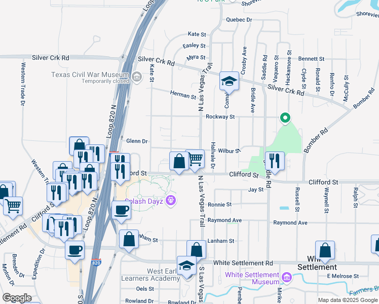 map of restaurants, bars, coffee shops, grocery stores, and more near 8811 Wilbur Street in White Settlement