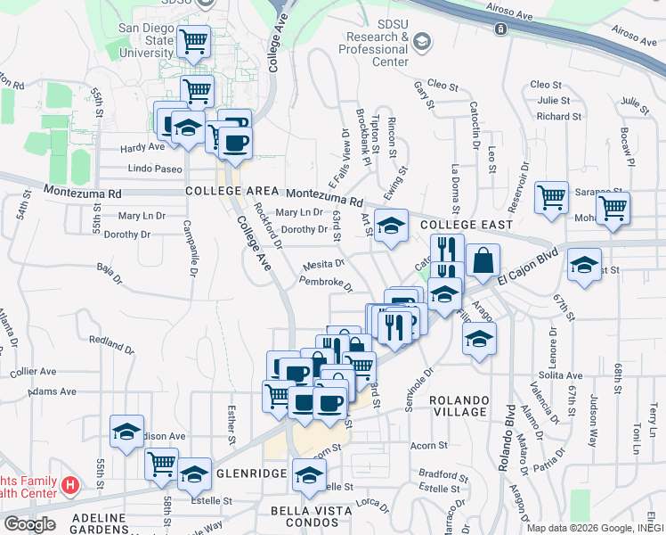 map of restaurants, bars, coffee shops, grocery stores, and more near 6223 Mesita Drive in San Diego