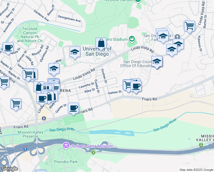 map of restaurants, bars, coffee shops, grocery stores, and more near Riley Street & Goshen Street in San Diego