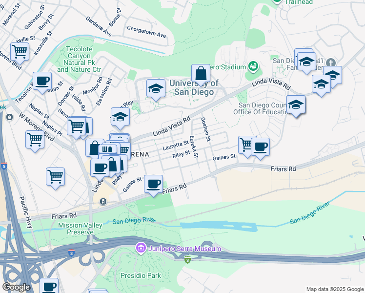 map of restaurants, bars, coffee shops, grocery stores, and more near 5727 Lauretta Street in San Diego