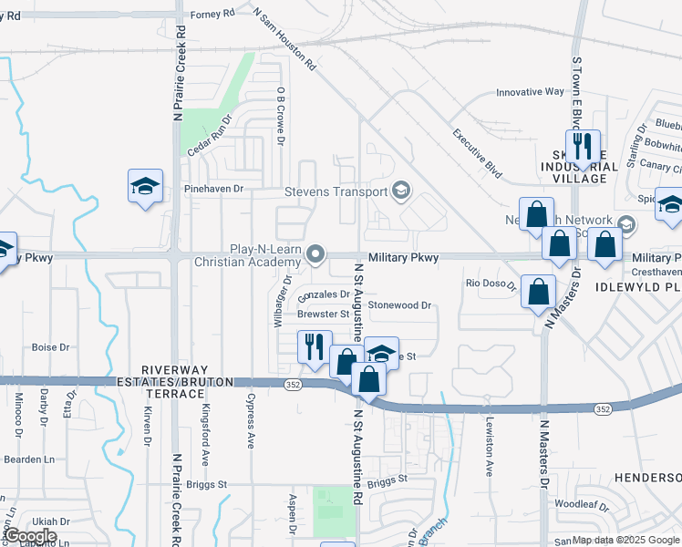 map of restaurants, bars, coffee shops, grocery stores, and more near 9524 Military Parkway in Dallas
