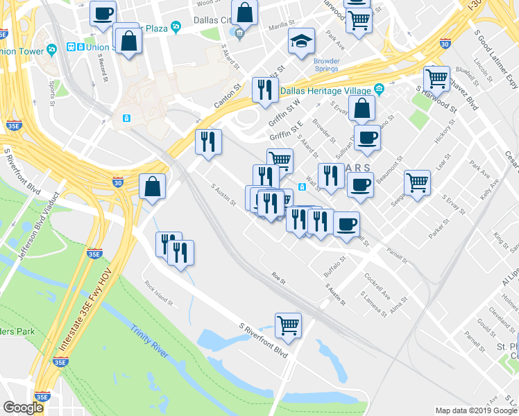 map of restaurants, bars, coffee shops, grocery stores, and more near 1325 Botham Jean Boulevard in Dallas