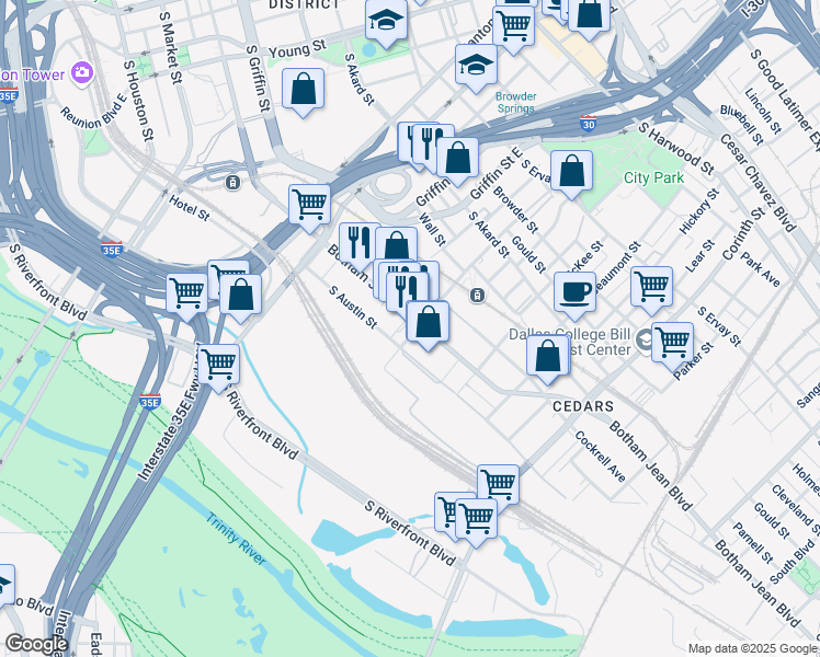 map of restaurants, bars, coffee shops, grocery stores, and more near 1325 Botham Jean Boulevard in Dallas